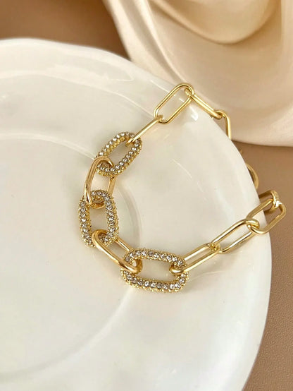 Shein - 1pc Minimalist Elegant Gold Rhinestone Oval Chain Bracelet
