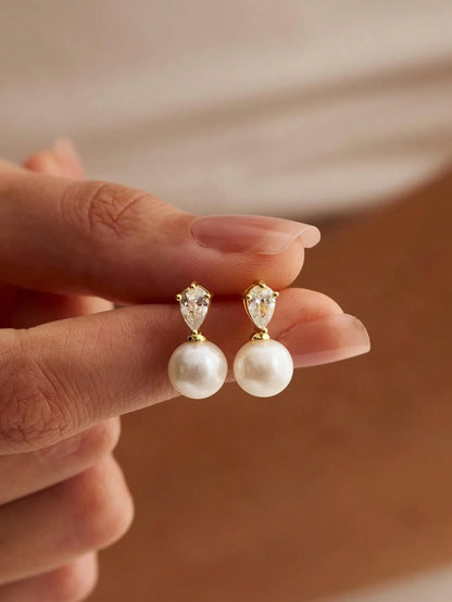 Shein - 14k Gold Plated CZ Pearl Bridal Earrings, Low Allergy Gold Plated Earrings, Elegant Wedding Bride Pearl Jewelry For Women