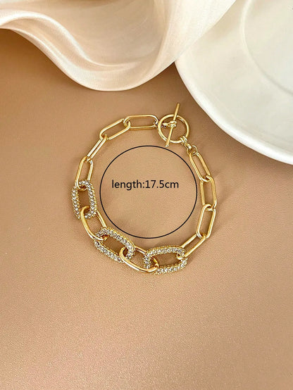 Shein - 1pc Minimalist Elegant Gold Rhinestone Oval Chain Bracelet