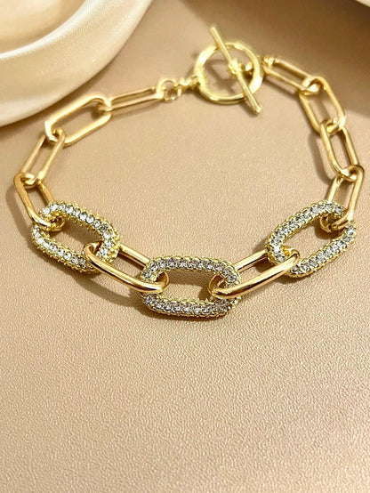 Shein - 1pc Minimalist Elegant Gold Rhinestone Oval Chain Bracelet