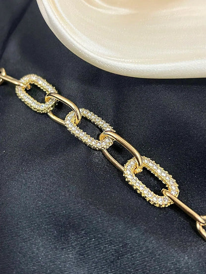 Shein - 1pc Minimalist Elegant Gold Rhinestone Oval Chain Bracelet