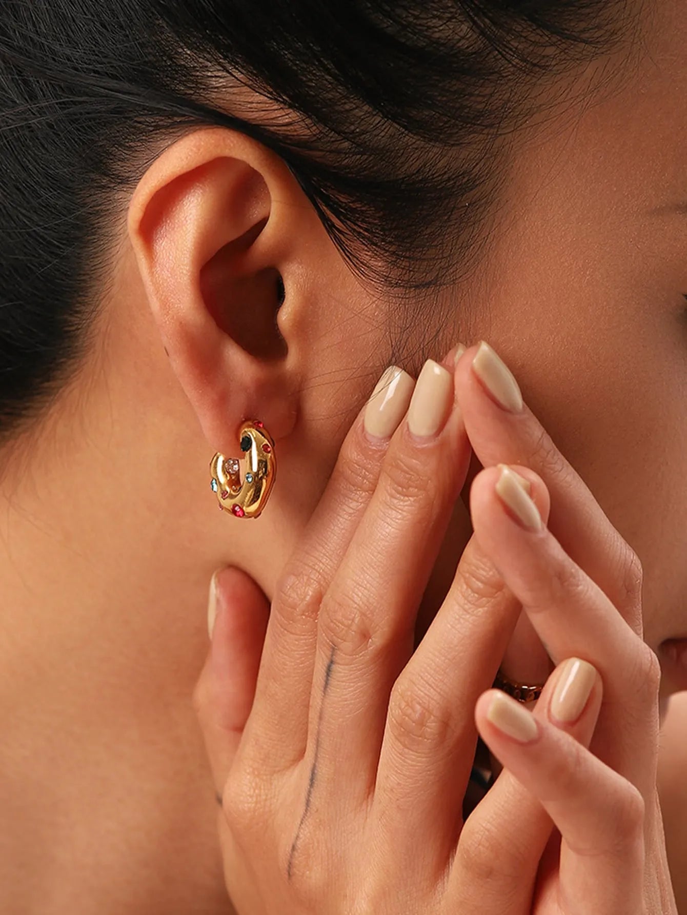 Shein - SHOPBOHO Cubic Zirconia Decor Cuff Hoop Earrings - Multi